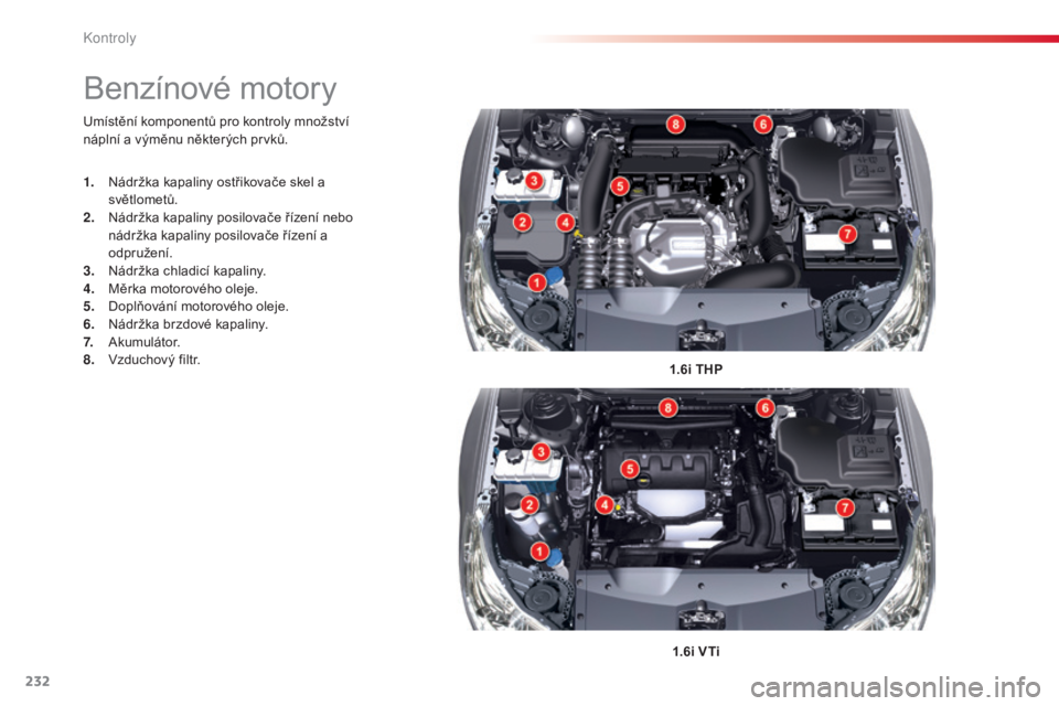 CITROEN C5 2015  Návod na použití (in Czech) 232
C5_cs_Chap09_verification_ed01-2014
umístění komponentů pro kontroly množství 
ná plní a výměnu některých prvků.
1.6i THP
1.6i VTi
Benzínové motory
1. Nádržka kapaliny ostřikova