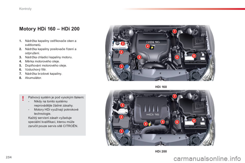 CITROEN C5 2015  Návod na použití (in Czech) 234
C5_cs_Chap09_verification_ed01-2014
Motory HDi 160 – HDi 200
1. Nádržka kapaliny ostřikovače oken a 
svě
tlometů.
2.
 Nád

ržka kapaliny posilovače řízení a 
odpružení.
3.
 Nád

r