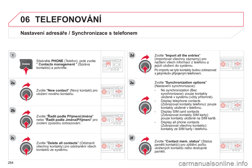 CITROEN C5 2015  Návod na použití (in Czech) 06
284
C5_cs_Chap11b_rt6-2-8_ed01-2014
TELEFONOVÁNÍ
Nastavení adresáře / Synchronizace s telefonem
Stiskněte PHONE (telefon), poté zvolte 
" Contacts management " (Správa 
kontaktů) a