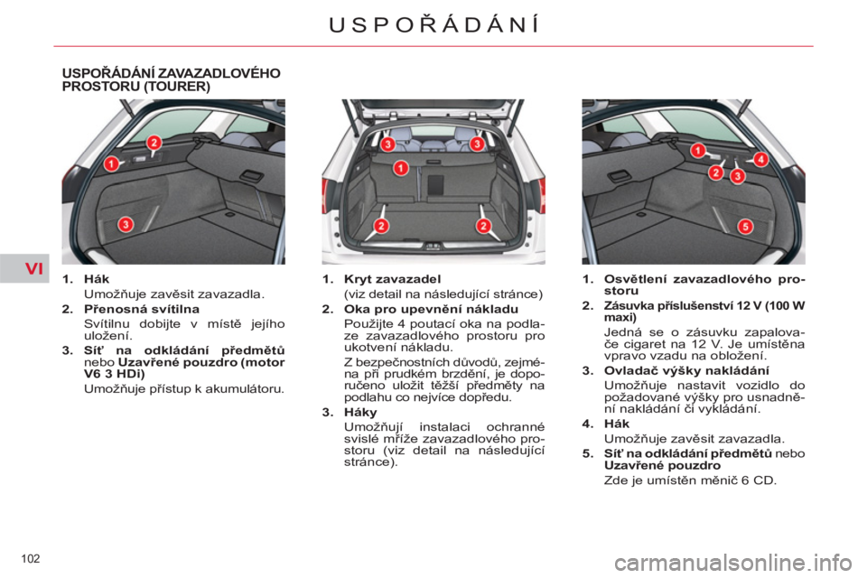 CITROEN C5 2014  Návod na použití (in Czech) VI
102 
USPOŘÁDÁNÍ
USPOŘÁDÁNÍ ZAVAZADLOVÉHO PROSTORU (TOURER) 
 
 
 
1. 
  Hák 
 
 
 Umožňuje zavěsit zavazadla. 
   
2. 
  Přenosná svítilna 
 
 
  Svítilnu dobijte v místě jejího
