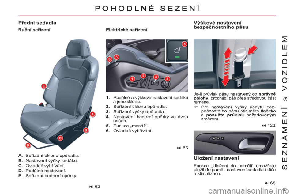 CITROEN C5 2012  Návod na použití (in Czech) 11  
SEZNÁMENÍ s VOZIDLEM
   
 
1. 
 Podélné a výškové nastavení sedáku 
a jeho sklonu. 
   
2. 
 Seřízení sklonu opěradla. 
   
3. 
 Seřízení výšky opěradla. 
   
4. 
  Nastavení 