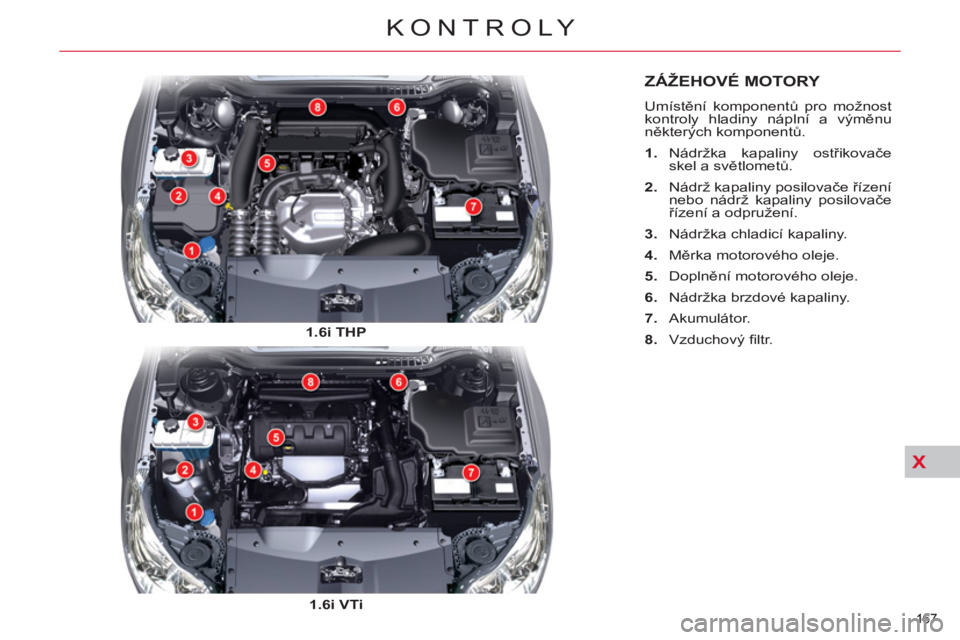 CITROEN C5 2012  Návod na použití (in Czech) XX
167 
KONTROLY
ZÁŽEHOVÉ MOTORY 
  Umístění komponentů pro možnost 
kontroly hladiny náplní a výměnu 
některých komponentů. 
   
 
1. 
 Nádržka kapaliny ostřikovače 
skel a světlo