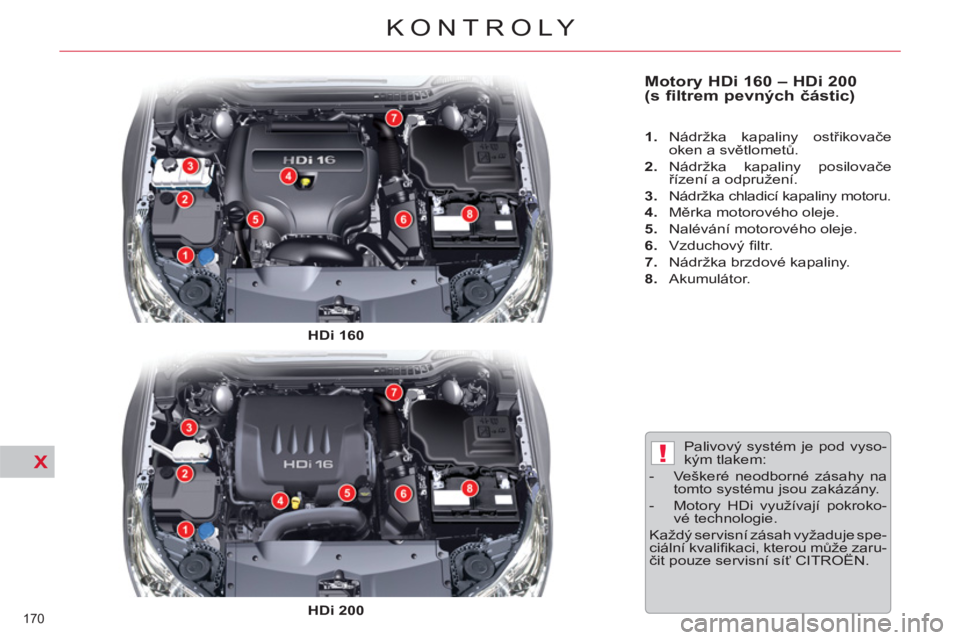 CITROEN C5 2012  Návod na použití (in Czech) X!
170 
KONTROLY
   
Motory HDi 160 – HDi 200 
(s filtrem pevných částic)  
 
 
 
1. 
 Nádržka kapaliny ostřikovače 
oken a světlometů. 
   
2. 
 Nádržka kapaliny posilovače 
řízení a