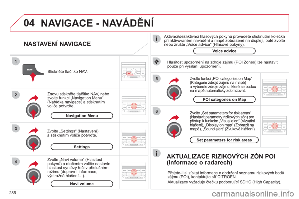CITROEN C5 2012 Návod na použití (in Czech) 286
04
5
6
3 2 1
4
NASTAVENÍ NAVIGACE
Zvolte „Set parameters for risk areas“(Nastavit parametry rizikových zón) pro přístup k funkcím „Visual alert“ (Vizuální hlášení), „ CITROEN C5 2012 Návod na použití (in Czech) 286
04
5
6
3 2 1
4
NASTAVENÍ NAVIGACE
Zvolte „Set parameters for risk areas“(Nastavit parametry rizikových zón) pro přístup k funkcím „Visual alert“ (Vizuální hlášení), „
