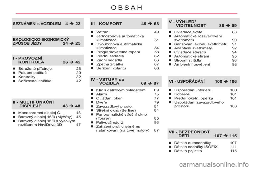 CITROEN C5 2012  Návod na použití (in Czech) OBSAH
Monochromní displej C  43
Barevný displej 16/9 (MyWay)  45
Barevný displej 16/9 s vysokým 
rozlišením NaviDrive 3D  47�„
�„
�„
II -  MULTIFUNKČNÍ DISPLEJE 43 �Î 48
Větrání 49
J
