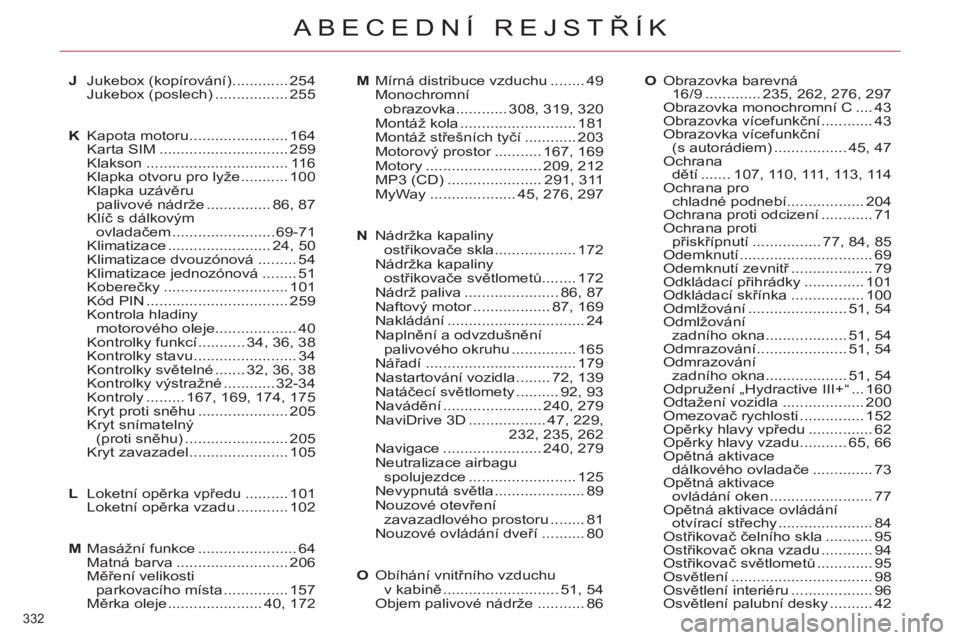 CITROEN C5 2012  Návod na použití (in Czech) 332 
ABECEDNÍ REJSTŘÍK
J Jukebox (kopírování) ............. 254
 Jukebox (poslech) ................. 255
K Kapota motoru ....................... 164
 Karta SIM .............................. 259