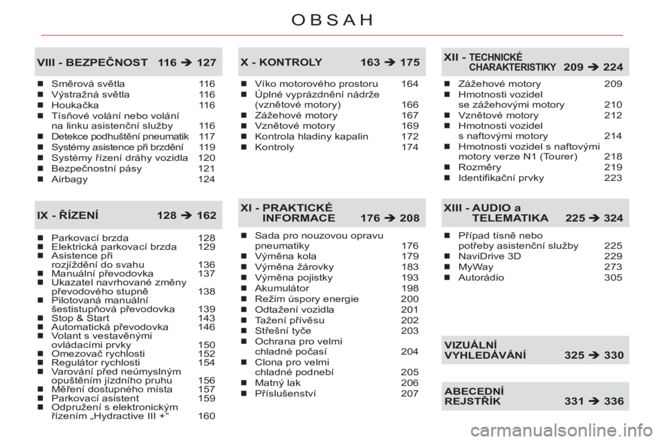 CITROEN C5 2012  Návod na použití (in Czech) OBSAH
Směrová světla 116
Výstražná světla 116
Houkačka 116
Tísňové volání nebo volání 
na linku asistenční služby  116
Detekce podhuštění pneumatik  117
Systémy asistence při br