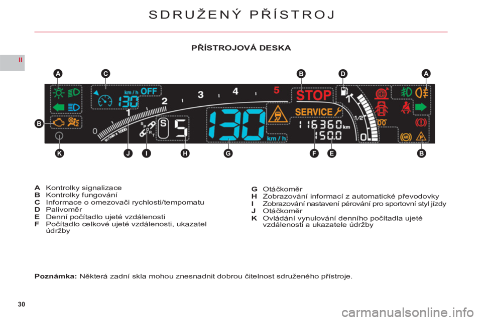 CITROEN C6 2012  Návod na použití (in Czech) 30
II
KJIHGFEB
CABDA
B
SDRUŽENÝ PŘÍSTROJ
Poznámka: Některá zadní skla mohou znesnadnit dobrou čitelnost sdruženého přístroje.
AKontrolky signalizaceBKontrolky fungováníC Informace o ome