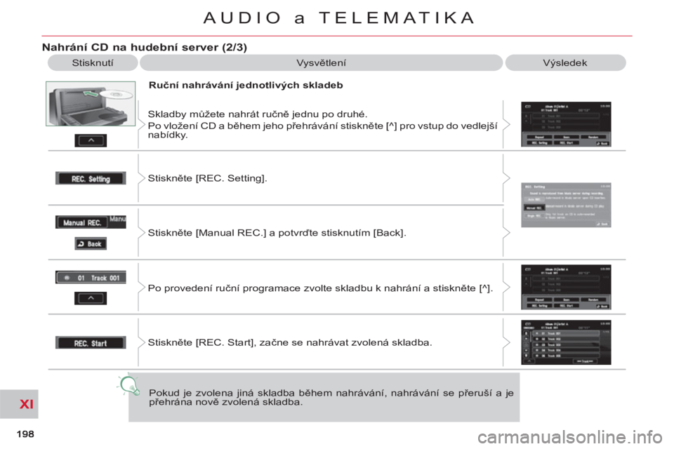 CITROEN C-CROSSER 2012  Návod na použití (in Czech) XI
AUDIO a TELEMATIKA
   
Nahrání CD na hudební server (2/3)
 
Stisknutí  Vysvětlení  Výsledek 
   
Ruční nahrávání jednotlivých skladeb 
  Skladby můžete nahrát ručně jednu po druh