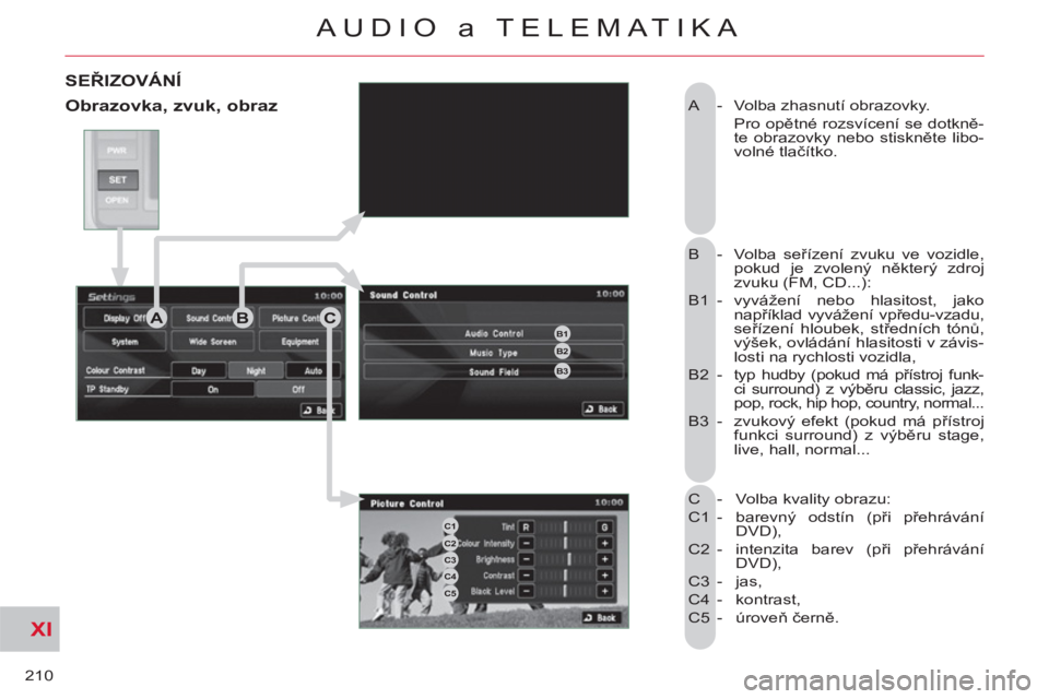 CITROEN C-CROSSER 2012  Návod na použití (in Czech) XI
210
AUDIO a TELEMATIKA
  A  -  Volba zhasnutí obrazovky. 
   Pro opětné rozsvícení se dotkně-
te obrazovky nebo stiskněte libo-
volné tlačítko. 
  B - Volba seřízení zvuku ve vozidle, 