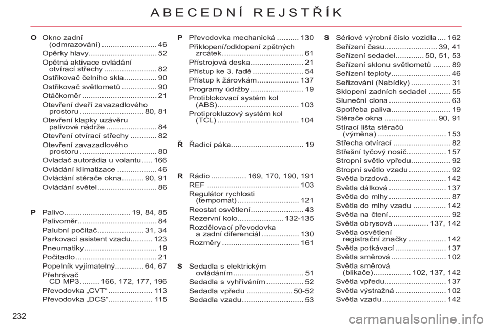 CITROEN C-CROSSER 2012  Návod na použití (in Czech) 232
ABECEDNÍ REJSTŘÍK
OOkno zadní
(odmrazování) ......................... 46
Opěrky hlavy............................... 52
Opětná aktivace ovládání 
otvírací střechy ..................