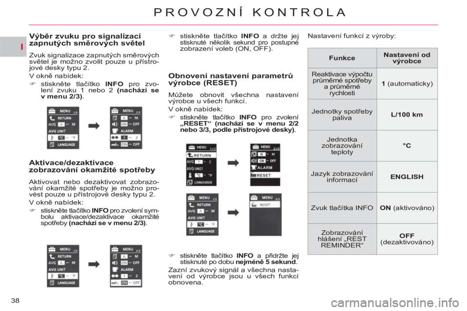 CITROEN C-CROSSER 2012  Návod na použití (in Czech) I
PROVOZNÍ KONTROLA
38
Výběr zvuku pro signalizaci
zapnutých směrových světel
 
Zvuk signalizace zapnutých směrových 
světel je možno zvolit pouze u přístro-
jové desky typu 2. 
  V okn