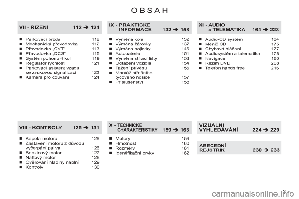 CITROEN C-CROSSER 2012  Návod na použití (in Czech) 3
OBSAH
Parkovací brzda 112Mechanická převodovka 112Převodovka „CVT“  113Převodovka „DCS“  115Systém pohonu 4 kol  119Regulátor rychlosti 121Parkovací asistent vzadu se zvukovou signal