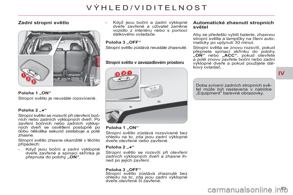 CITROEN C-CROSSER 2012 Návod na použití (in Czech) IV
VÝHLED/VIDITELNOST
93
Poloha 1 „ON“
Stropní světlo je neustále rozsvícené.
Poloha 2 „●“
Stropní světlo se rozsvítí při otevření boč-
ních nebo zadních vý CITROEN C-CROSSER 2012 Návod na použití (in Czech) IV
VÝHLED/VIDITELNOST
93
Poloha 1 „ON“
Stropní světlo je neustále rozsvícené.
Poloha 2 „●“
Stropní světlo se rozsvítí při otevření boč-
ních nebo zadních vý