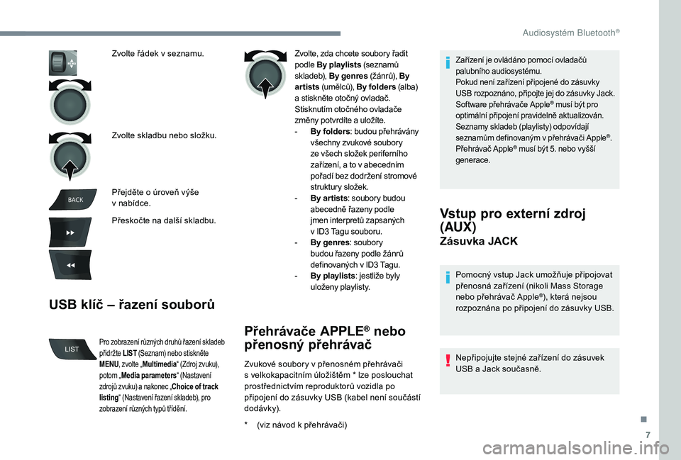 CITROEN C-ELYSÉE 2018 Návod na použití (in Czech) 7
BACK
USB klíč – řazení souborů
Zvolte, zda chcete soubory řadit
podle By playlists (seznamů
skladeb), By genres (žánrů), By
artists (umělců), By folders (alba)
a
stiskněte ot CITROEN C-ELYSÉE 2018 Návod na použití (in Czech) 7
BACK
USB klíč – řazení souborů
Zvolte, zda chcete soubory řadit
podle By playlists (seznamů
skladeb), By genres (žánrů), By
artists (umělců), By folders (alba)
a
stiskněte ot