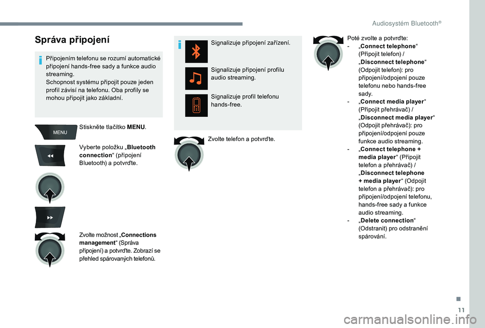 CITROEN C-ELYSÉE 2018  Návod na použití (in Czech) 11
Správa připojení
Připojením telefonu se rozumí automatické 
připojení hands-free sady a  funkce audio 
streaming.
Schopnost systému připojit pouze jeden 
profil závisí na telefonu. Oba