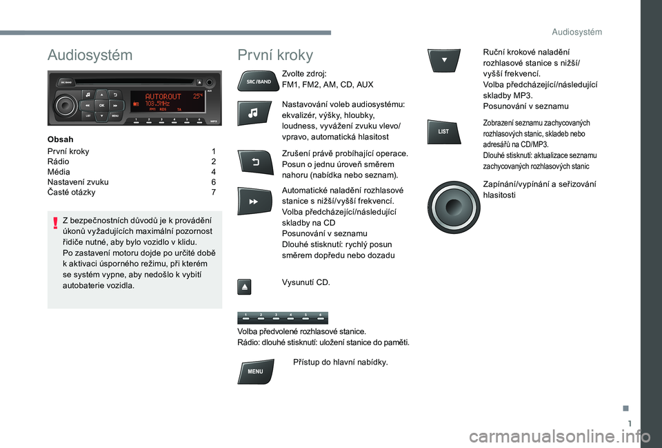 CITROEN C-ELYSÉE 2018 Návod na použití (in Czech) 1
Audiosystém
Obsah
Pr vní kroky
1
R
ádio
2
M
édia
4
N
astavení zvuku
6
Č
asté otázky
7
Z b
ezpečnostních důvodů je k provádění
úkonů vyžadujících maximální CITROEN C-ELYSÉE 2018 Návod na použití (in Czech) 1
Audiosystém
Obsah
Pr vní kroky
1
R
ádio
2
M
édia
4
N
astavení zvuku
6
Č
asté otázky
7
Z b
ezpečnostních důvodů je k provádění
úkonů vyžadujících maximální