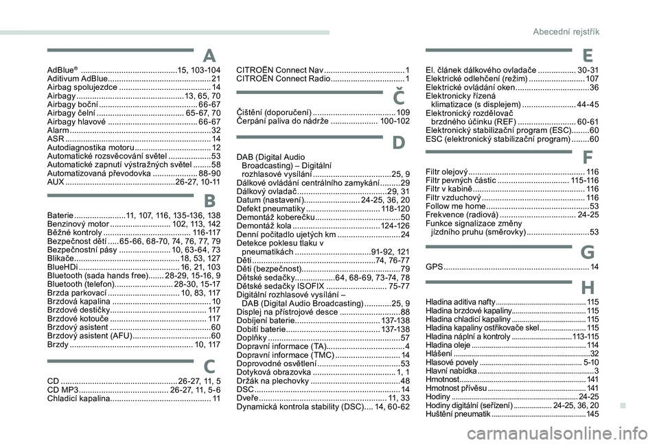 CITROEN C-ELYSÉE 2018 Návod na použití (in Czech) AdBlue® ...........................................15, 103 -104
Aditivum AdBlue .............................................. 21
A
irbag spolujezdce
......................................... 14
A
CITROEN C-ELYSÉE 2018 Návod na použití (in Czech) AdBlue® ...........................................15, 103 -104
Aditivum AdBlue .............................................. 21
A
irbag spolujezdce
......................................... 14
A