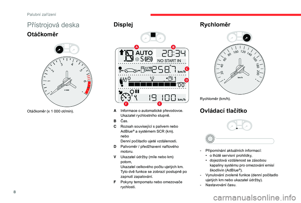 CITROEN C-ELYSÉE 2018 Návod na použití (in Czech) 8
Přístrojová deska
Otáčkoměr
Otáčkoměr (x 1 000 ot /min).
Displej
AInformace o automatické převodovce.
Ukazatel rychlostního stupně.
B Čas.
C Rozsah související s
palivem nebo
Ad CITROEN C-ELYSÉE 2018 Návod na použití (in Czech) 8
Přístrojová deska
Otáčkoměr
Otáčkoměr (x 1 000 ot /min).
Displej
AInformace o automatické převodovce.
Ukazatel rychlostního stupně.
B Čas.
C Rozsah související s
palivem nebo
Ad