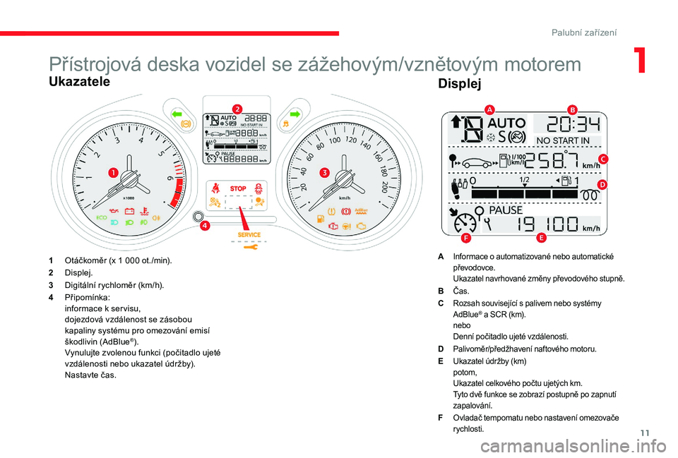 CITROEN C-ELYSÉE 2017  Návod na použití (in Czech) 11
Přístrojová deska vozidel se zážehovým/vznětovým motorem
Ukazatele
1Otáčkoměr (x 1 000 ot./min).
2 Displej.
3 Digitální rychloměr (km/h).
4 Připomínka:
informace k servisu,
dojezdov