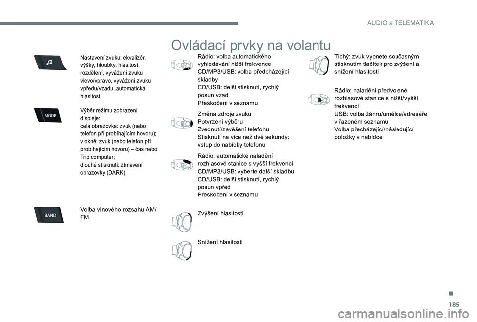 CITROEN C-ELYSÉE 2017 Návod na použití (in Czech) 185
Nastavení zvuku: ekvalizér,
výšky, hloubky, hlasitost,
rozdělení, vyvážení zvuku
vlevo/vpravo, vyvážení zvuku
vpředu/vzadu, automatická
hlasitost
Výběr režimu zobrazení
dis CITROEN C-ELYSÉE 2017 Návod na použití (in Czech) 185
Nastavení zvuku: ekvalizér,
výšky, hloubky, hlasitost,
rozdělení, vyvážení zvuku
vlevo/vpravo, vyvážení zvuku
vpředu/vzadu, automatická
hlasitost
Výběr režimu zobrazení
dis