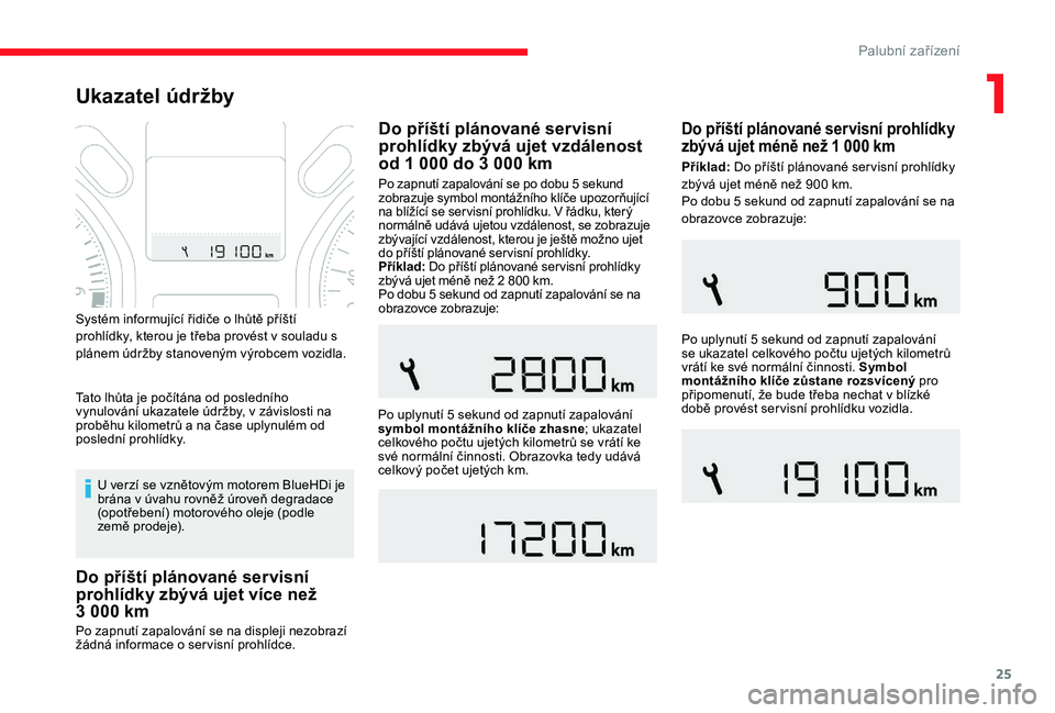 CITROEN C-ELYSÉE 2017 Návod na použití (in Czech) 25
Ukazatel údržby
U verzí se vznětovým motorem BlueHDi je
brána v úvahu rovněž úroveň degradace
(opotřebení) motorového oleje (podle
země prodeje).
Po zapnutí zapalování se na di CITROEN C-ELYSÉE 2017 Návod na použití (in Czech) 25
Ukazatel údržby
U verzí se vznětovým motorem BlueHDi je
brána v úvahu rovněž úroveň degradace
(opotřebení) motorového oleje (podle
země prodeje).
Po zapnutí zapalování se na di