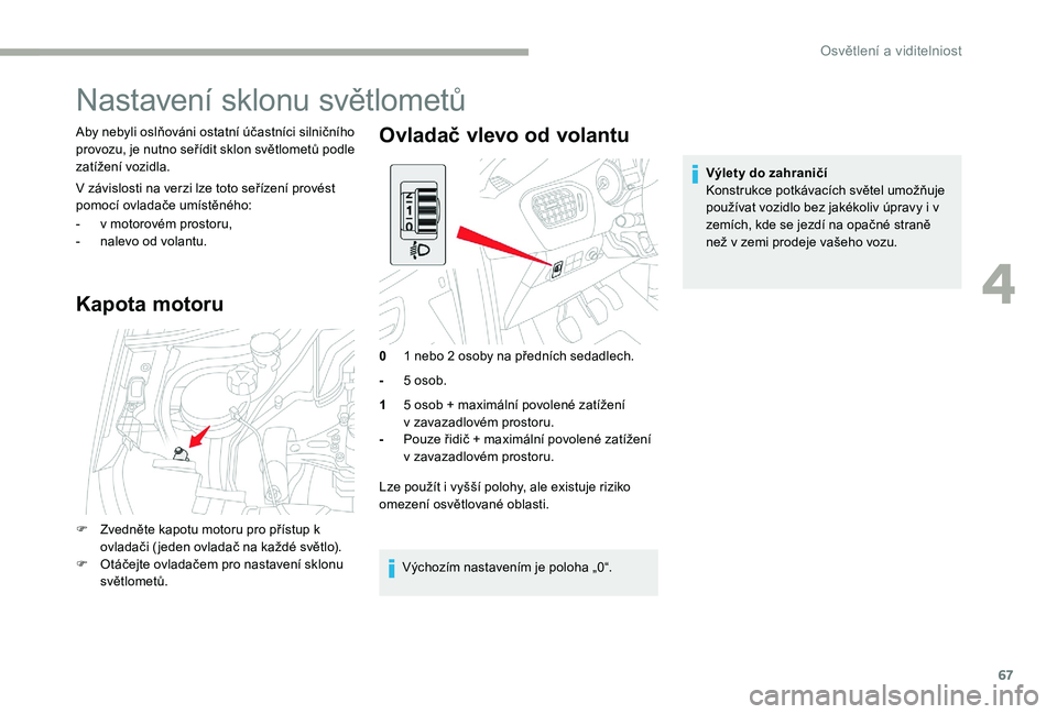 CITROEN C-ELYSÉE 2017 Návod na použití (in Czech) 67
Nastavení sklonu světlometů
Aby nebyli oslňováni ostatní účastníci silničního
provozu, je nutno seřídit sklon světlometů podle
zatížení vozidla.
V závislosti na verzi lze toto CITROEN C-ELYSÉE 2017 Návod na použití (in Czech) 67
Nastavení sklonu světlometů
Aby nebyli oslňováni ostatní účastníci silničního
provozu, je nutno seřídit sklon světlometů podle
zatížení vozidla.
V závislosti na verzi lze toto