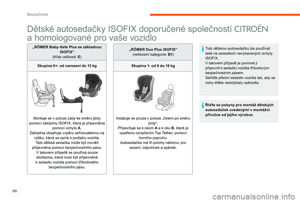 CITROEN C-ELYSÉE 2017  Návod na použití (in Czech) 98
Dětské autosedačky ISOFIX doporučené společností CITROËN 
a
 
homologované pro vaše vozidlo
„RÖMER Baby- Safe Plus se základnou 
ISOFIX“
(třída velikosti: E )
Skupina 0+: od naroz
