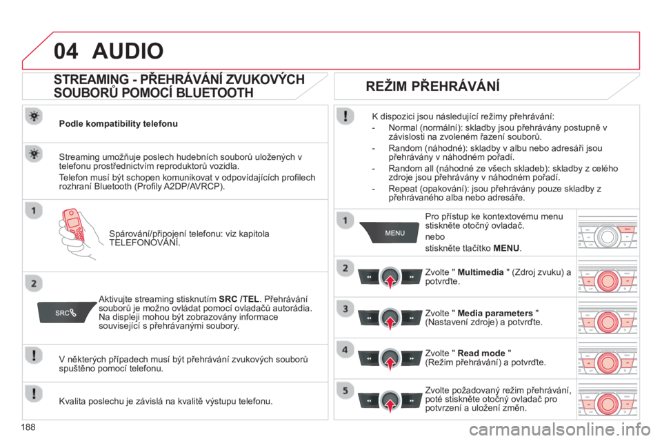 CITROEN C-ELYSÉE 2014  Návod na použití (in Czech) 188
04AUDIO 
   
 
 
 
 
STREAMING - PŘEHRÁVÁNÍ ZVUKOVÝCH 
SOUBORŮ POMOCÍ BLUETOOTH 
Podle kompatibility telefonu
Spárování/připojení telefonu: viz kapitola TELEFONOVÁNÍ.pppjpj
Streaming