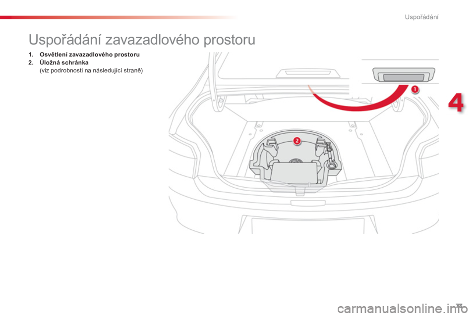 CITROEN C-ELYSÉE 2014  Návod na použití (in Czech) 73
4
Uspořádání
 
 
 
 
 
Uspořádání zavazadlového prostoru 
1.Osvětlení zavazadlového prostoru2.Úložnáschránka (viz podrobnosti na následující straně) 
  