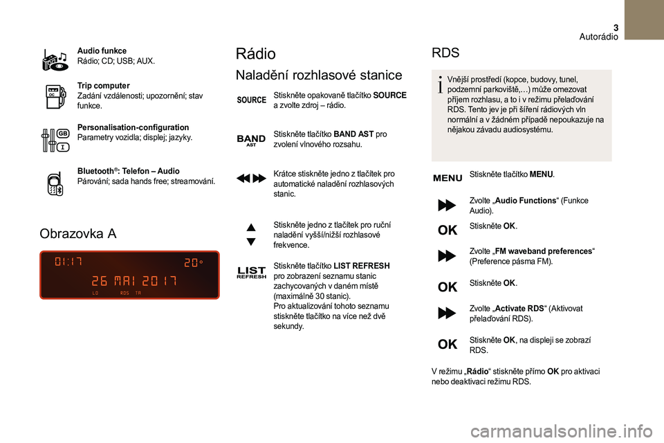 CITROEN DS3 CABRIO 2018 Návod na použití (in Czech) 3
Audio funkce
Rádio; CD; USB; AUX.
Trip computer
Zadání vzdálenosti; upozornění; stav
funkce.
Personalisation-configuration
Parametry vozidla; displej; jazyky.
Bluetooth
®: Telefon – Audio
CITROEN DS3 CABRIO 2018 Návod na použití (in Czech) 3
Audio funkce
Rádio; CD; USB; AUX.
Trip computer
Zadání vzdálenosti; upozornění; stav
funkce.
Personalisation-configuration
Parametry vozidla; displej; jazyky.
Bluetooth
®: Telefon – Audio