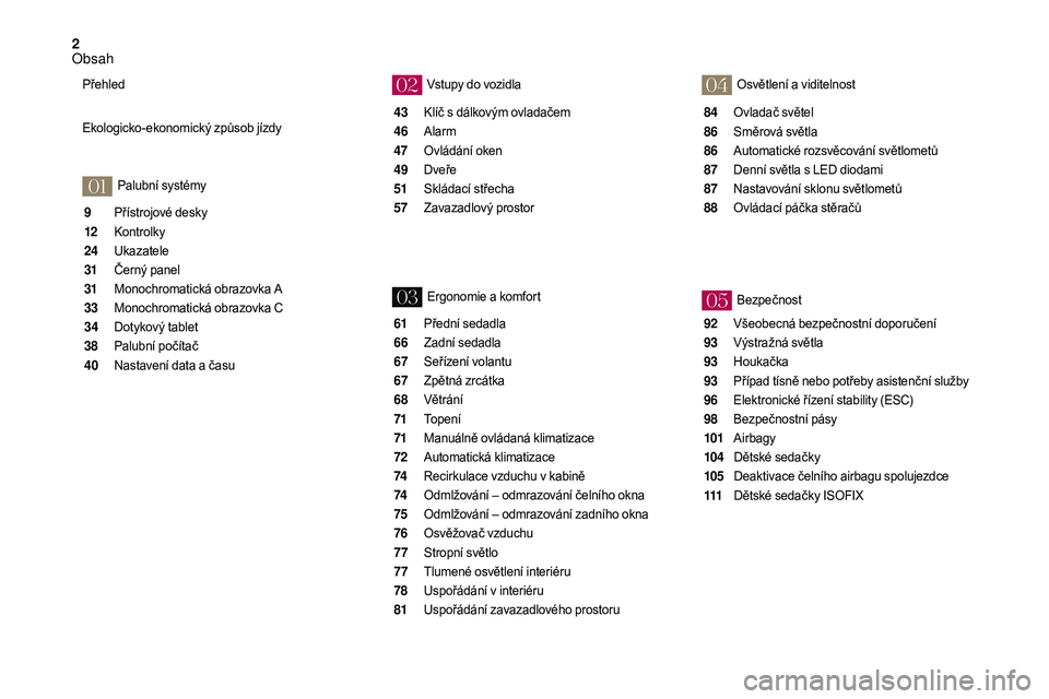 CITROEN DS3 2018  Návod na použití (in Czech) 2
01
02
03
04
05
9 Přístrojové desky
12
 K
ontrolky
24
 U

kazatele
31
 Č

erný panel
31
 M

onochromatická obrazovka A
33
 M

onochromatická obrazovka C
34
 D

otykový tablet
38
 P

alubní p