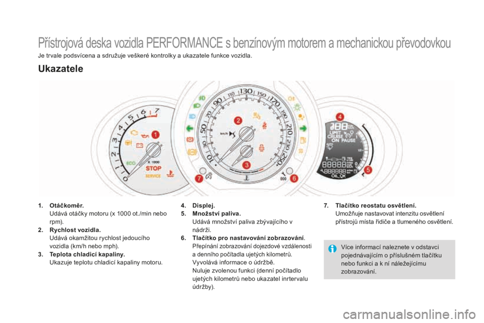 CITROEN DS3 2017 Návod na použití (in Czech) DS3_cs_Chap01_controle-de-marche_ed02-2015
Přístrojová deska vozidla PERFORMANCE s benzínovým motorem a mechanickou převodovkou
1. O t á č ko m ě r. Udá
vá otáčky motoru (x 1000 ot ./min CITROEN DS3 2017 Návod na použití (in Czech) DS3_cs_Chap01_controle-de-marche_ed02-2015
Přístrojová deska vozidla PERFORMANCE s benzínovým motorem a mechanickou převodovkou
1. O t á č ko m ě r. Udá
vá otáčky motoru (x 1000 ot ./min