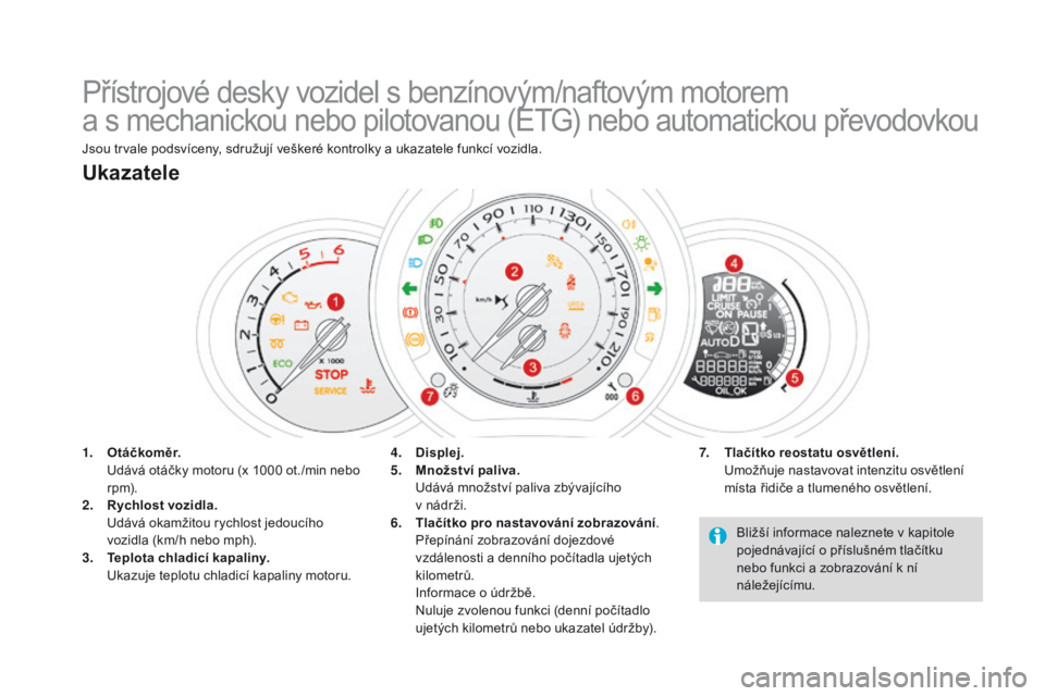 CITROEN DS3 2016  Návod na použití (in Czech) DS3_cs_Chap01_controle-de-marche_ed01-2015
Přístrojové desky vozidel s benzínovým/naftovým motorem  
a s mechanickou nebo pilotovanou (ETG) nebo automatickou převodovkou
Jsou trvale podsvíceny