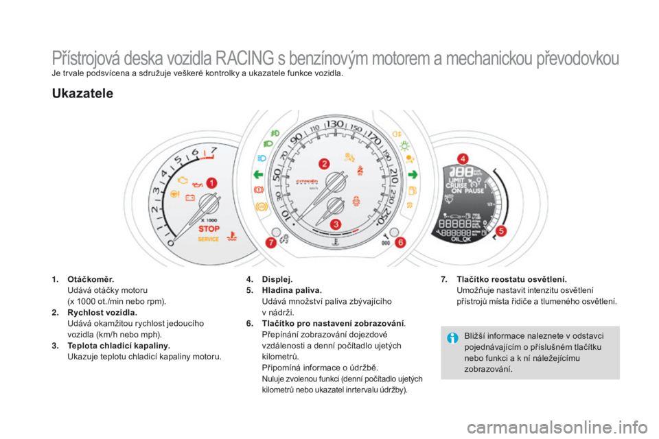CITROEN DS3 2016  Návod na použití (in Czech) DS3_cs_Chap01_controle-de-marche_ed01-2015
Přístrojová deska vozidla RACING s benzínovým motorem a mechanickou převodovkouJe trvale podsvícena a sdružuje veškeré kontrolky a ukazatele funkce