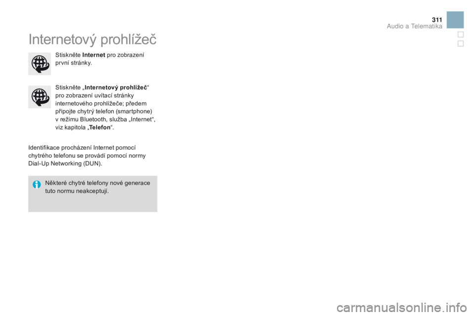 CITROEN DS3 2016  Návod na použití (in Czech) 3 11
DS3_cs_Chap11c_SMEGplus_ed01-2015
Internetový prohlížeč
Identifikace procházení Internet pomocí 
chytrého telefonu se provádí pomocí normy 
Dial-Up Networking (DUN).Stiskněte „
Inte