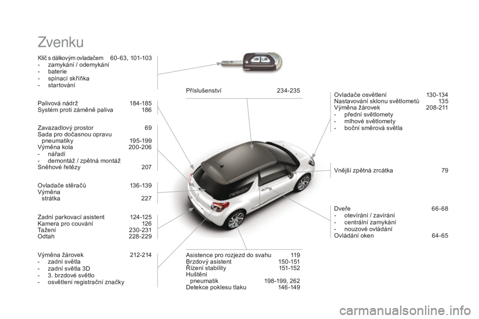 CITROEN DS3 2016 Návod na použití (in Czech) DS3_cs_Chap12_index-recherche_ed01-2015
Zvenku
Klíč s dálkovým ovladačem 60 - 63, 101-103
-
z
amykání / odemykání
-
b
aterie
-
s
pínací skříňka
-
s
tartování Ovladače osvětl CITROEN DS3 2016 Návod na použití (in Czech) DS3_cs_Chap12_index-recherche_ed01-2015
Zvenku
Klíč s dálkovým ovladačem 60 - 63, 101-103
-
z
amykání / odemykání
-
b
aterie
-
s
pínací skříňka
-
s
tartování Ovladače osvětl