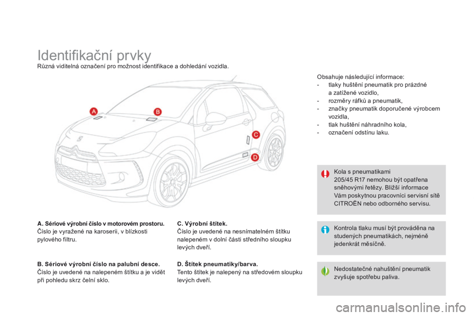 CITROEN DS3 2015 Návod na použití (in Czech) DS3_cs_Chap12_caracteristiques_ed01-2014
Identifikační prvkyRůzná viditelná označení pro možnost identifikace a dohledání vozidla.
A.
sériové výrobní číslo v motorovém prostoru.Čís CITROEN DS3 2015 Návod na použití (in Czech) DS3_cs_Chap12_caracteristiques_ed01-2014
Identifikační prvkyRůzná viditelná označení pro možnost identifikace a dohledání vozidla.
A.
sériové výrobní číslo v motorovém prostoru.Čís