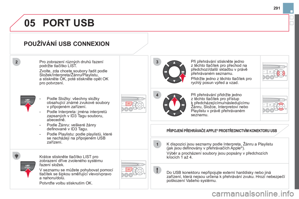 CITROEN DS3 2013  Návod na použití (in Czech) 291
3
4
05
2
1
LISTREFRESH
LISTREFRESH
   
POUŽÍVÁNÍ USB CONNEXION 
 
 
Krátce stiskněte tlačítko LIST pro zobrazení dříve zvoleného systému řazení složek.
  V seznamu se můžete poh
