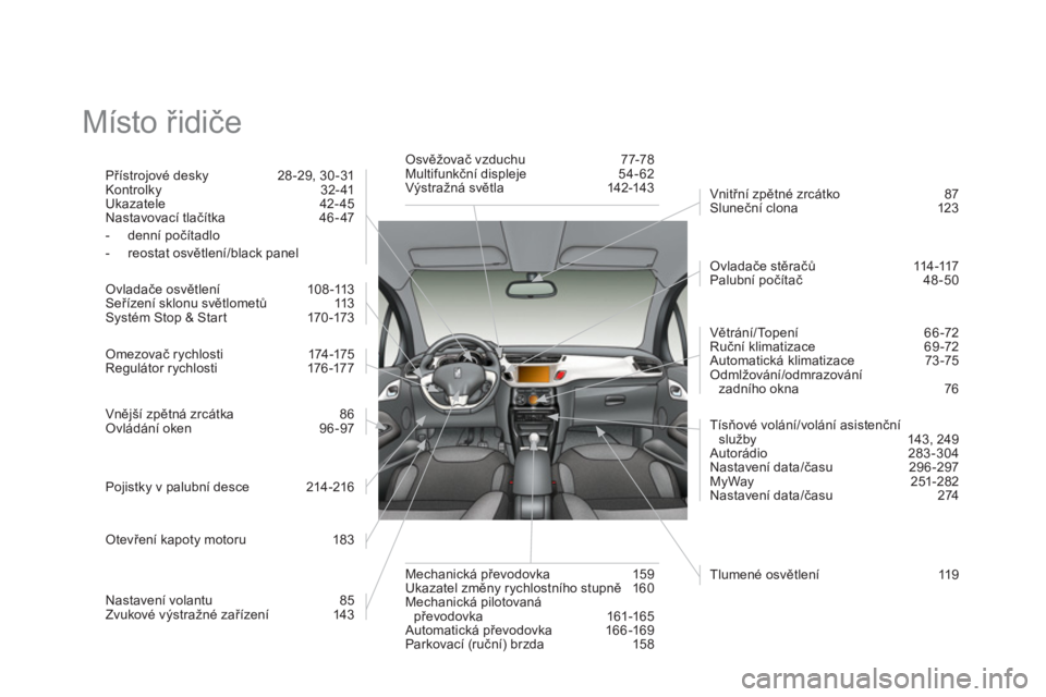 CITROEN DS3 2013  Návod na použití (in Czech)   Místo řidiče  
Přístrojové desky 28-29, 30-31 
Kontrolky 32- 41 Ukazatele 42- 45 
Nastavovací tlačítka 46-47 
-  denní počítadlo 
-  reostat osvětlení/black panel  
 
Ovladače osvětl