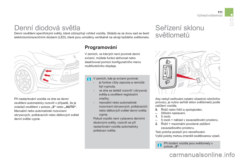 CITROEN DS3 2011  Návod na použití (in Czech) 111Výhled/viditelnost
   
 
 
 
 
Denní diodová světla  
Denní osvětlení specifickými světly, které zdůrazňují vzhled vozidla. Skládá se ze dvou sad se šesti elektroluminiscenčními d
