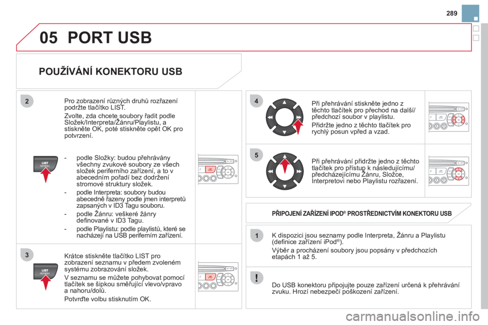 CITROEN DS3 2011  Návod na použití (in Czech) 05
42
3
1
5
289
PORT USB
   
POUŽÍVÁNÍ KONEKTORU USB 
 
 
Krátce stiskněte tlačítko LIST pro zobrazení seznamu v předem zvolen