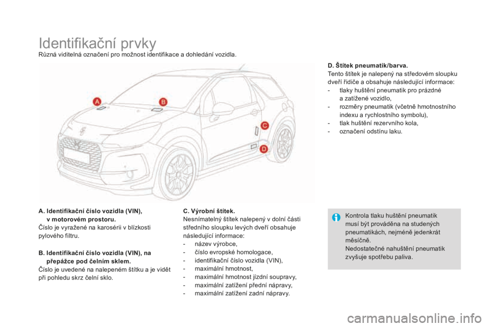 CITROEN DS3 CABRIO 2017 Návod na použití (in Czech) DS3_cs_Chap10_caracteristiques_ed02-2015
Identifikační prvkyRůzná viditelná označení pro možnost identifikace a dohledání vozidla.
A.
Ide
ntifikační číslo vozidla (VIN),
v motorovém CITROEN DS3 CABRIO 2017 Návod na použití (in Czech) DS3_cs_Chap10_caracteristiques_ed02-2015
Identifikační prvkyRůzná viditelná označení pro možnost identifikace a dohledání vozidla.
A.
Ide
ntifikační číslo vozidla (VIN),
v motorovém