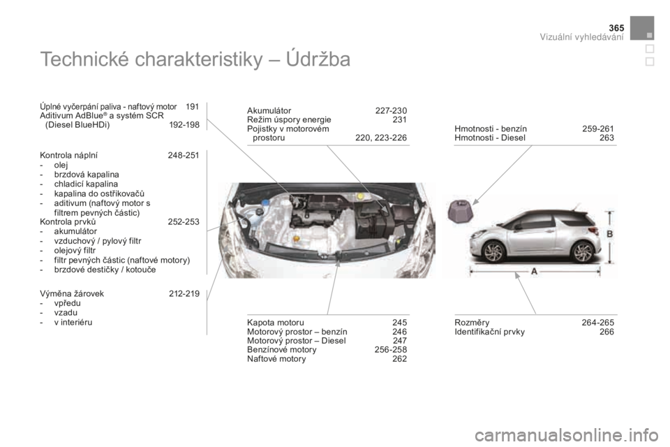 CITROEN DS3 CABRIO 2017  Návod na použití (in Czech) 365
DS3_cs_Chap12_index-recherche_ed02-2015
Technické charakteristiky – Údržba
Úplné vyčerpání paliva - naftový motor 191
Adit
ivum AdBlue® a systém SCR  
(Diesel BlueHDi) 192 -198
Kontro