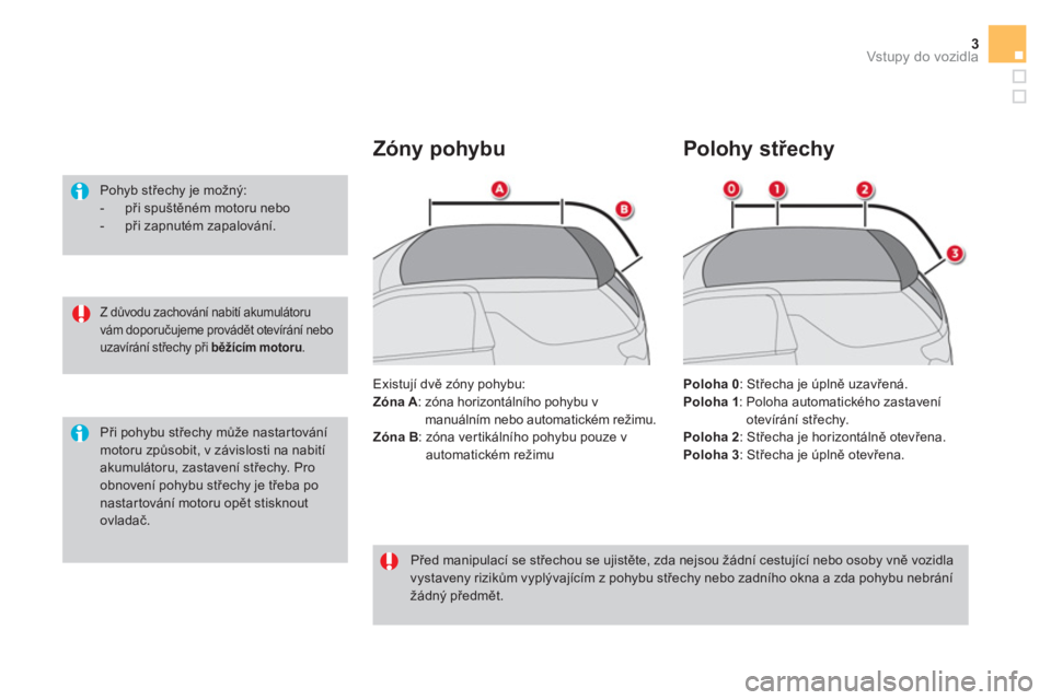 CITROEN DS3 CABRIO 2017  Návod na použití (in Czech) 3Vstupy do vozidla
   
Z důvodu zachování nabití akumulátoru 
vám doporučujeme provádět otevírání nebo 
uzavírání střechy při  běžícím motoru 
.  
 
 
Pohyb střechy je možný: 
