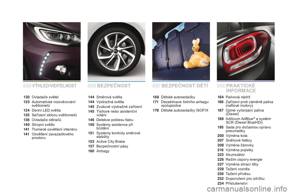 CITROEN DS3 CABRIO 2016 Návod na použití (in Czech) DS3_cs_Chap00a_sommaire_ed01-2015
bEzpEČNosTpR AKTICKÉ
INFORMACEbEz pE ČNo sT dĚ Tí
168 Dětské autosedačky
171 D
ezaktivace čelního airbagu
spolujezdce
178
D
ětské autosedačky ISOFIX CITROEN DS3 CABRIO 2016 Návod na použití (in Czech) DS3_cs_Chap00a_sommaire_ed01-2015
bEzpEČNosTpR AKTICKÉ
INFORMACEbEz pE ČNo sT dĚ Tí
168 Dětské autosedačky
171 D
ezaktivace čelního airbagu
spolujezdce
178
D
ětské autosedačky ISOFIX