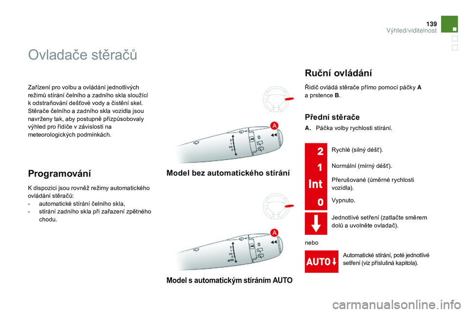 CITROEN DS3 CABRIO 2015  Návod na použití (in Czech) 139
DS3_cs_Chap07_visibilite_ed01-2014
Zařízení pro volbu a ovládání jednotlivých 
režimů stírání čelního a zadního skla sloužící 
k  odstraňování dešťové vody a čistění ske