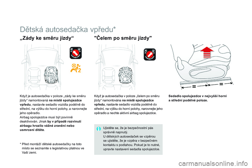 CITROEN DS3 CABRIO 2015  Návod na použití (in Czech) DS3_cs_Chap09_securite-enfants_ed01-2014
Dětská autosedačka vpředu*
„zády ke směru jízdy“ "Čelem po směru jízdy"
sedadlo spolujezdce v nejvyšší horní  
a střední podélné 