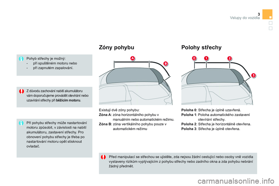 CITROEN DS3 CABRIO 2015  Návod na použití (in Czech) 3Vstupy do vozidla
   
Z důvodu zachování nabití akumulátoru 
vám doporučujeme provádět otevírání nebo 
uzavírání střechy při  běžícím motoru 
.  
 
 
Pohyb střechy je možný: 
