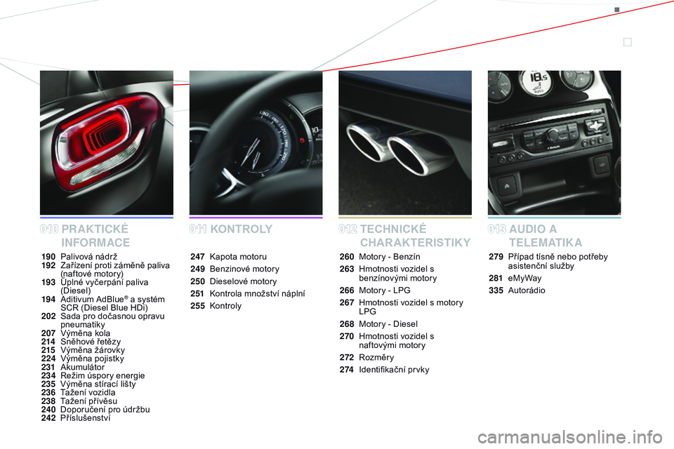 CITROEN DS3 CABRIO 2015  Návod na použití (in Czech) DS3_cs_Chap00a_sommaire_ed01-2014
KoNT RoLyP
RAKTICKÉ 
INFORMACE TECHNICKÉ 
CHARAKTERI
sT

IK
y
A UDIO  A  
T E L E M AT I K A
190 Palivová nádrž
192 Z ařízení proti záměně paliva 
(naftov